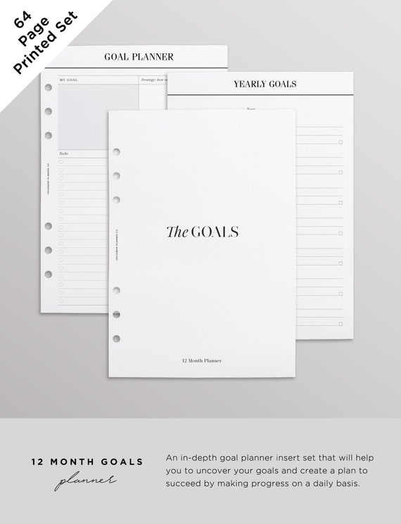 PRINTED Goal Planner Inserts Bundle - 12 Month Goal Setting Workbook | A5 Yearly Goals, Breakdowns and Monthly Goal Trackers | 64 Pages