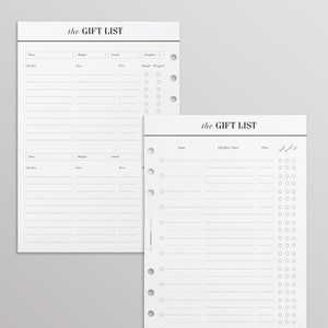 Op de afbeelding: Twee witte papieren planner-inlays met zwarte tekst getiteld the GIFT LIST. Het linkerblad bevat twee secties voor naam, budget, werkelijk en voltooid, met lijnen voor cadeau-idee&euml;n. Het rechterblad heeft kolommen voor naam, cadeau-idee, winkel, prijs, gekocht, ingepakt en verzonden.
