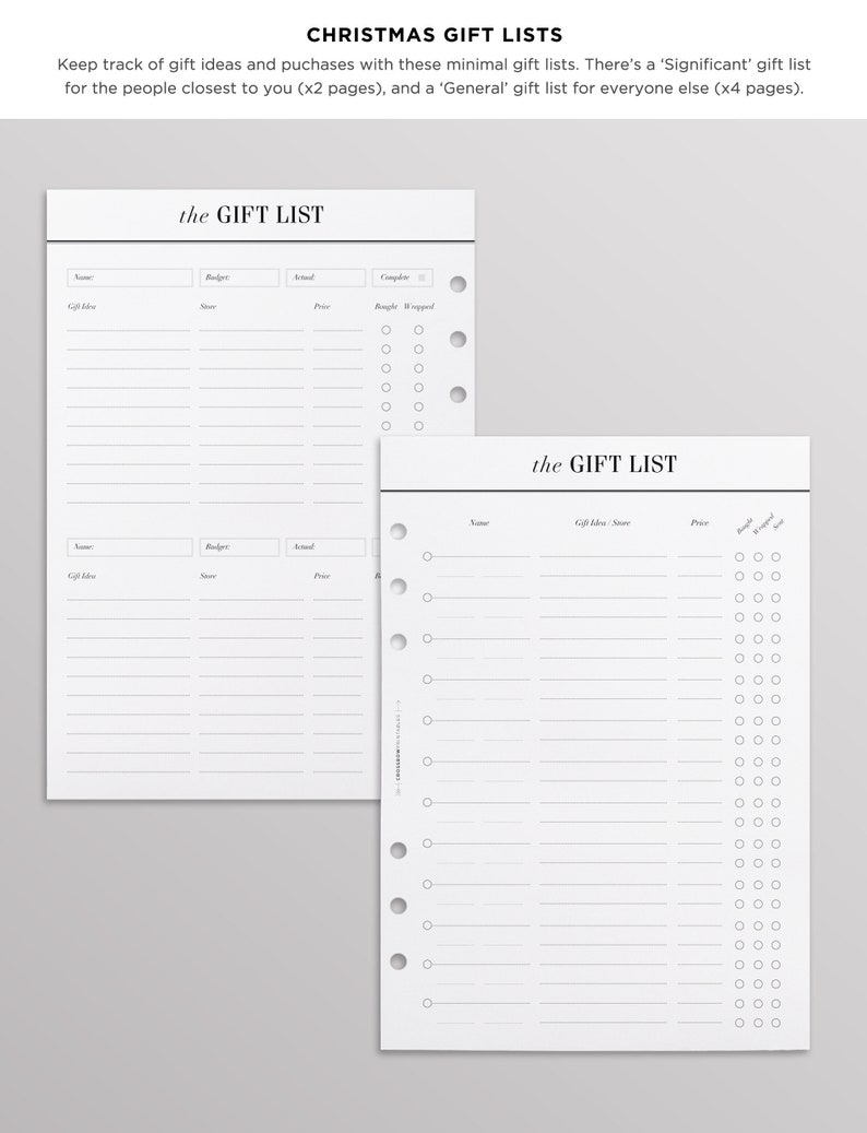 Op de afbeelding: Twee witte papieren planner-inlays met zwarte tekst getiteld the GIFT LIST. Het linkerblad bevat twee secties voor naam, budget, werkelijk en voltooid, met lijnen voor cadeau-idee&euml;n. Het rechterblad heeft kolommen voor naam, cadeau-idee, winkel, prijs, gekocht, ingepakt en verzonden.