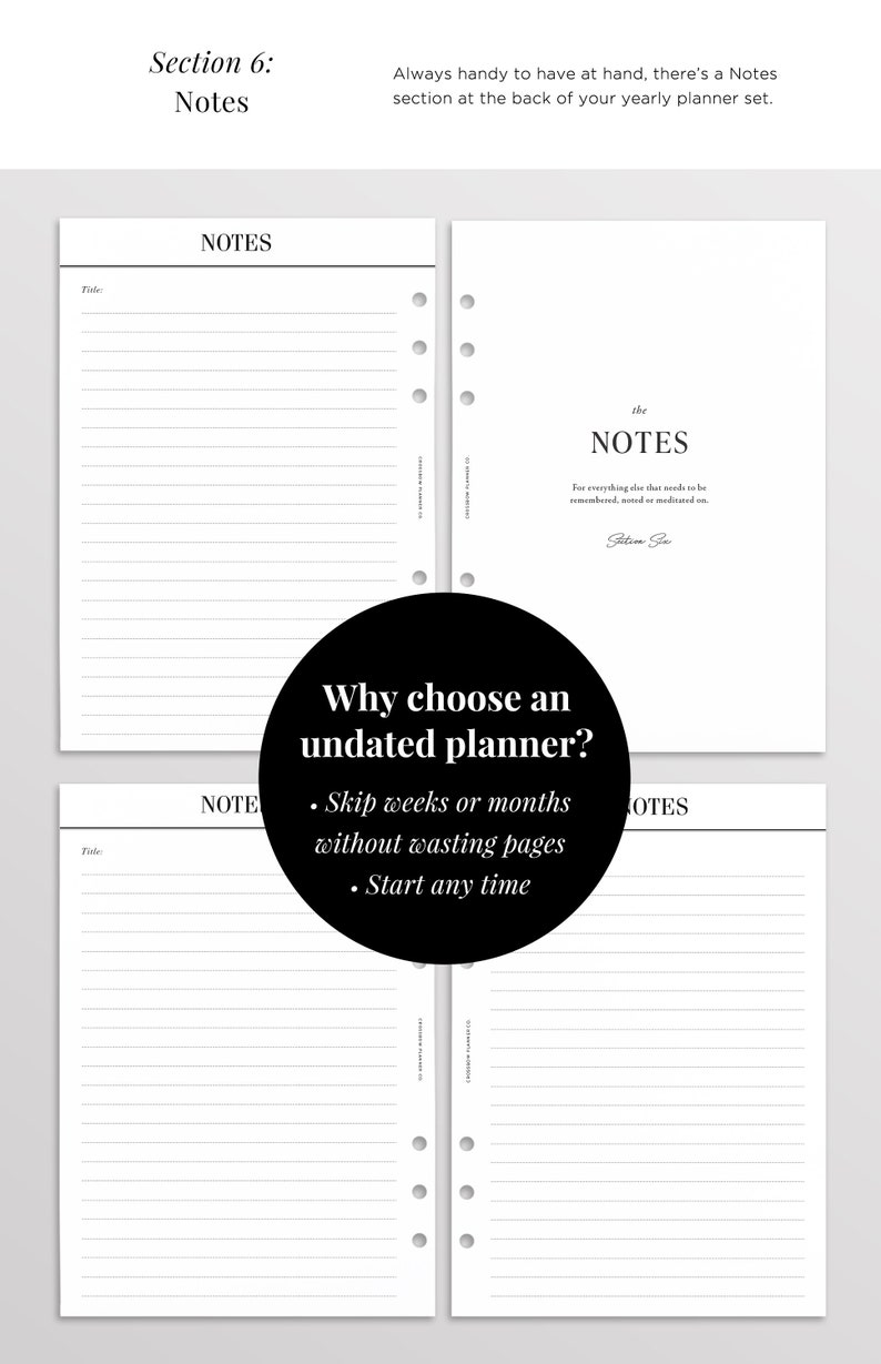 May include: A set of white planner pages with black text and lines. The pages feature a section titled NOTES with a space for a title. A central black circle contains the text: Why choose an undated planner? Skip weeks or months without wasting pages. Start any time.