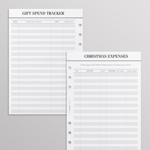 Op de afbeelding: Twee witte papieren planner-inlays met zwarte tekst en perforatiegaten aan de zijkant. Het ene blad is getiteld GIFT SPEND TRACKER met kolommen voor datum, cadeau, kosten en totaal. Het andere is getiteld CHRISTMAS EXPENSES met kolommen voor datum, uitgave, bedrag, categorie en saldo.