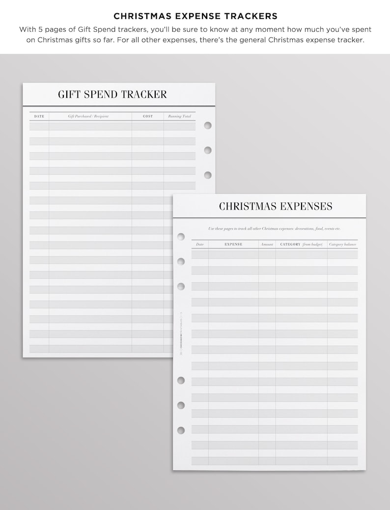 Op de afbeelding: Twee witte papieren planner-inlays met zwarte tekst en perforatiegaten aan de zijkant. Het ene blad is getiteld GIFT SPEND TRACKER met kolommen voor datum, cadeau, kosten en totaal. Het andere is getiteld CHRISTMAS EXPENSES met kolommen voor datum, uitgave, bedrag, categorie en saldo.
