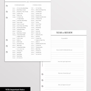 May include: Two white planner pages with black text and pre-punched holes on the left side. One page is titled Important Dates 2027, listing holidays for the United Kingdom and United States. The other page is titled Year in Review with lined sections.
