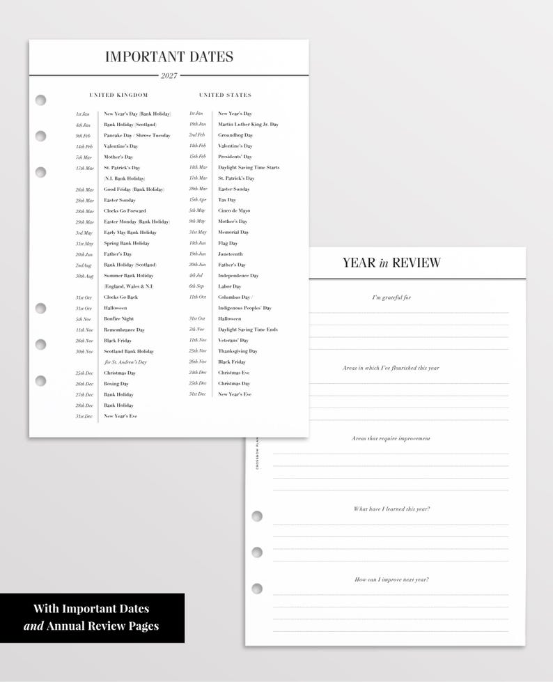 May include: Two white planner pages with black text and pre-punched holes on the left side. One page is titled Important Dates 2027, listing holidays for the United Kingdom and United States. The other page is titled Year in Review with lined sections.