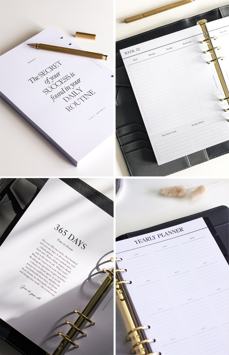 May include: A black leather binder planner with gold rings containing white paper inserts. The pages feature printed text including The Secret of your Success is found in your Daily Routine, Week 52, 365 Days, and Yearly Planner with a gold pen.