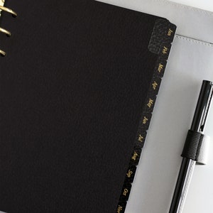 Leather Card Monthly Dividers A5 & Personal Size Black, Grey and Gold Foil Minimal Planner Dividers with Laminated Tabs image 2