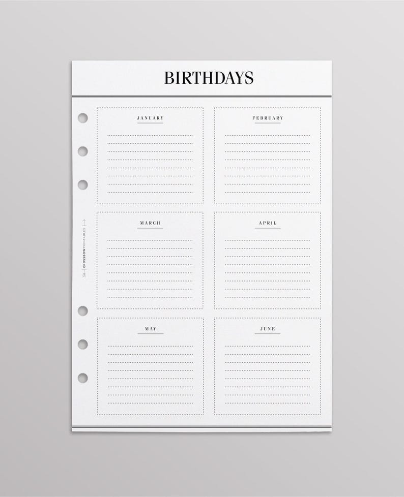 PRINTED Kikki K Inserts | At A Glance A5 Filofax Inserts, Anniversary Birthday Pages, LV Agenda GM Inserts, Birthday Calendar Planner Refill image 1