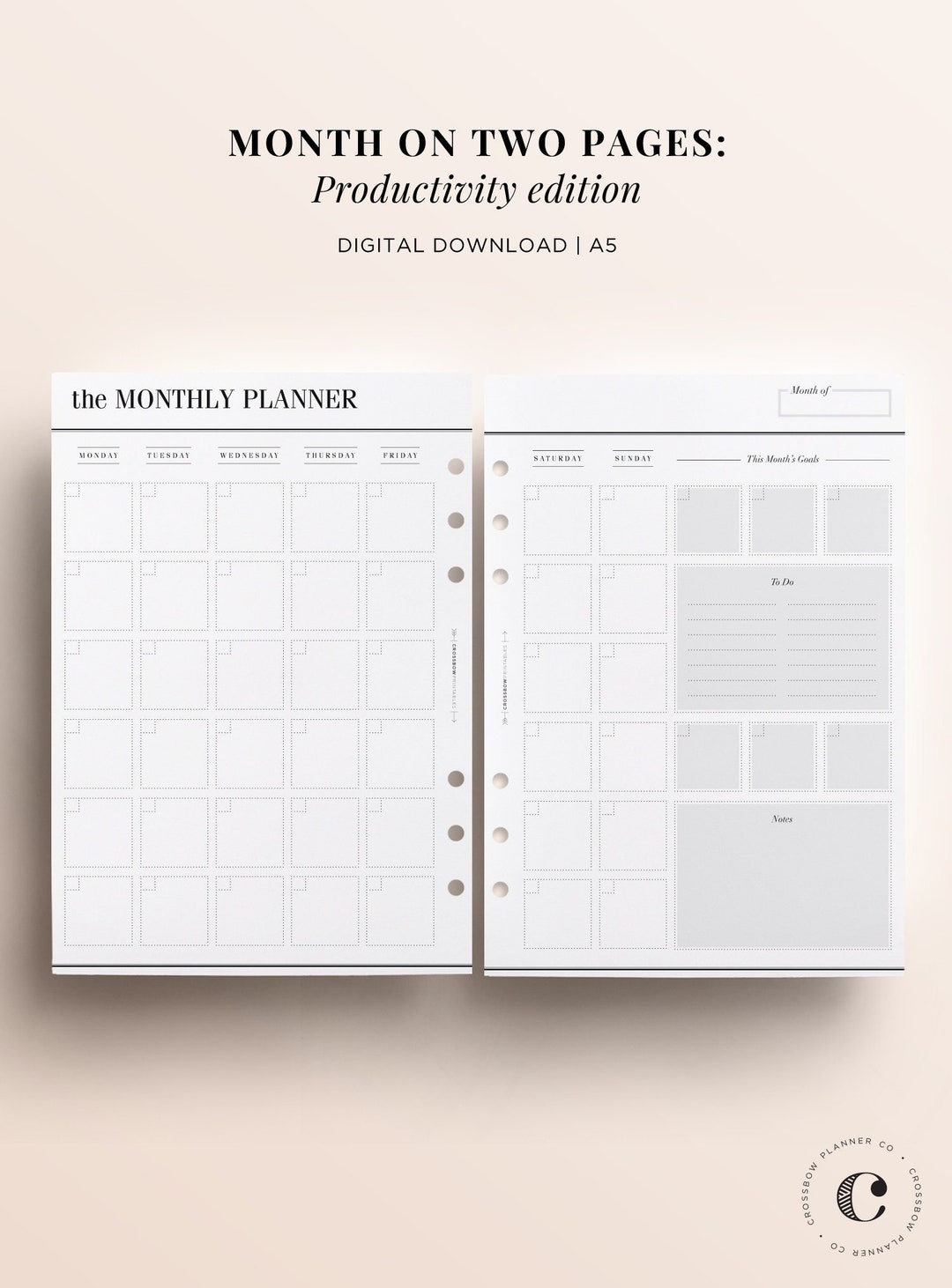 PRINTABLE A5 Monthly Planner Printable, Month on Two Pages Printable ...