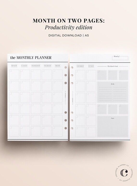 PRINTABLE A5 Monthly Planner Printable Month on Two Pages - Etsy