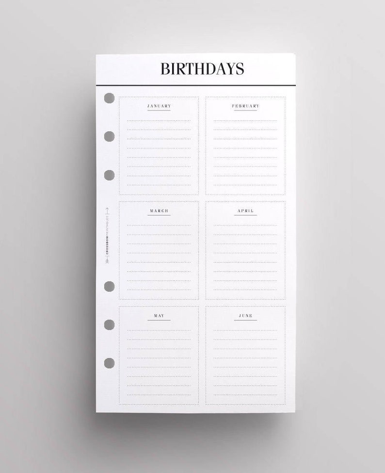 PRINTED Kikki K Medium Inserts Printed Filofax Personal Inserts, Birthday & Anniversary Tracker Planner Pages, Printed LV Agenda MM Refill image 1