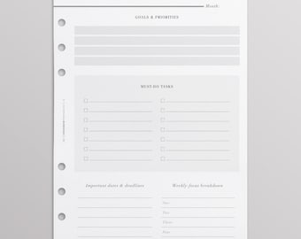 PRINTED Monthly Planner Inserts UK | Kikki K Inserts | Monthly Goals | Work Planner, Monthly To Do List, Filofax Inserts, A5 Minimal Planner