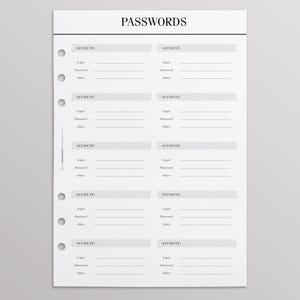 Gestore di password A5 stampato / Registro password / Ricariche per agenda stampate / Pagine per agenda Crossbow Planner Co / Agenda minimalista in bianco e nero