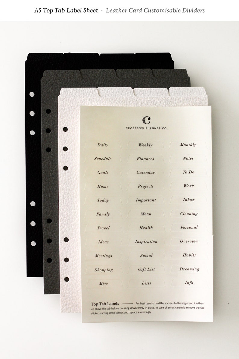 Divisori per agenda personalizzabili con linguetta superiore, cartoncino in pelle a 4 linguette / formato A5 o personale / oltre 30 etichette tra cui scegliere / linguette minimaliste per agenda immagine 9
