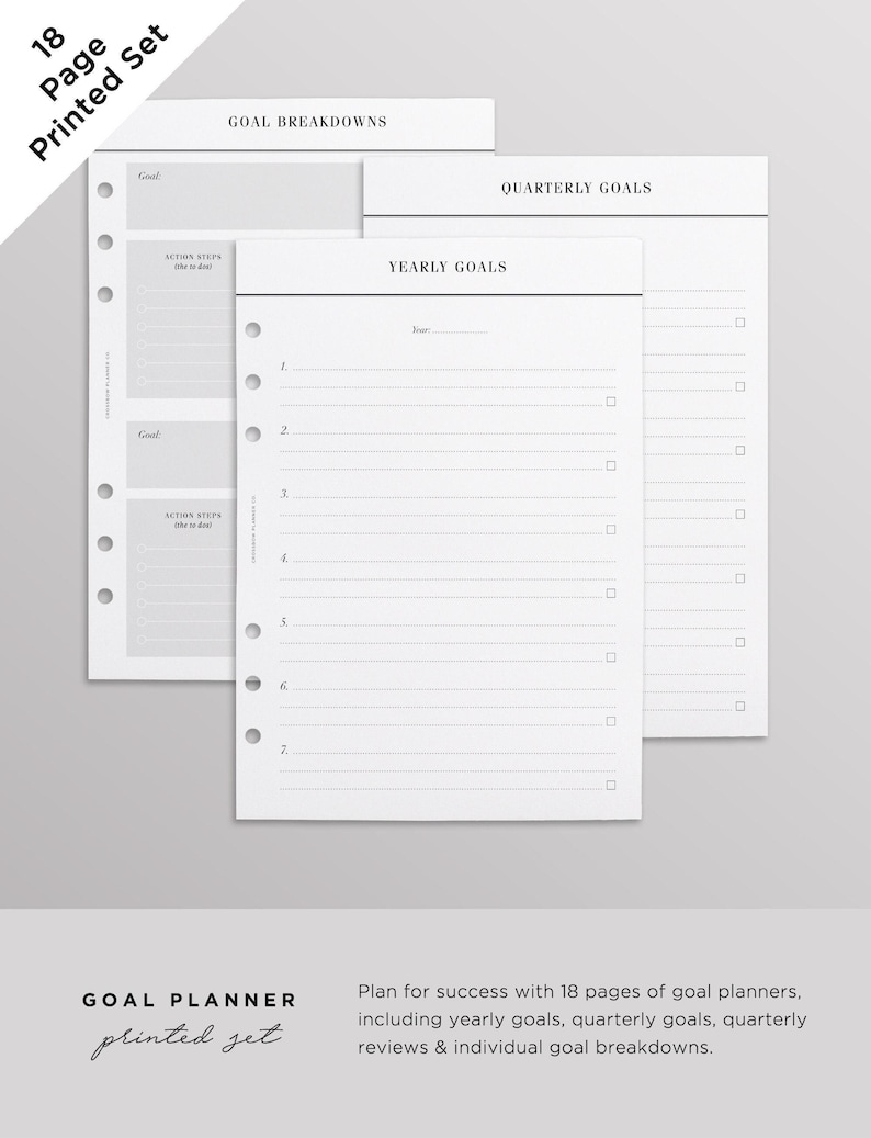 Paquete de planificadores de objetivos impresos / Insertos para planificador A5 impresos / Recambios minimalistas para planificador de objetivos / Insertos grandes para Filofax y Kikki K para planificación de objetivos imagen 1