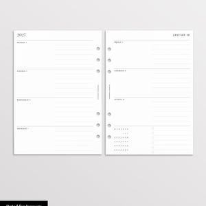 May include: A two-page planner insert for 2027 featuring a weekly layout. The left page lists Monday through Thursday, while the right page lists Friday through Sunday, including a small monthly calendar and a checklist for January 10.