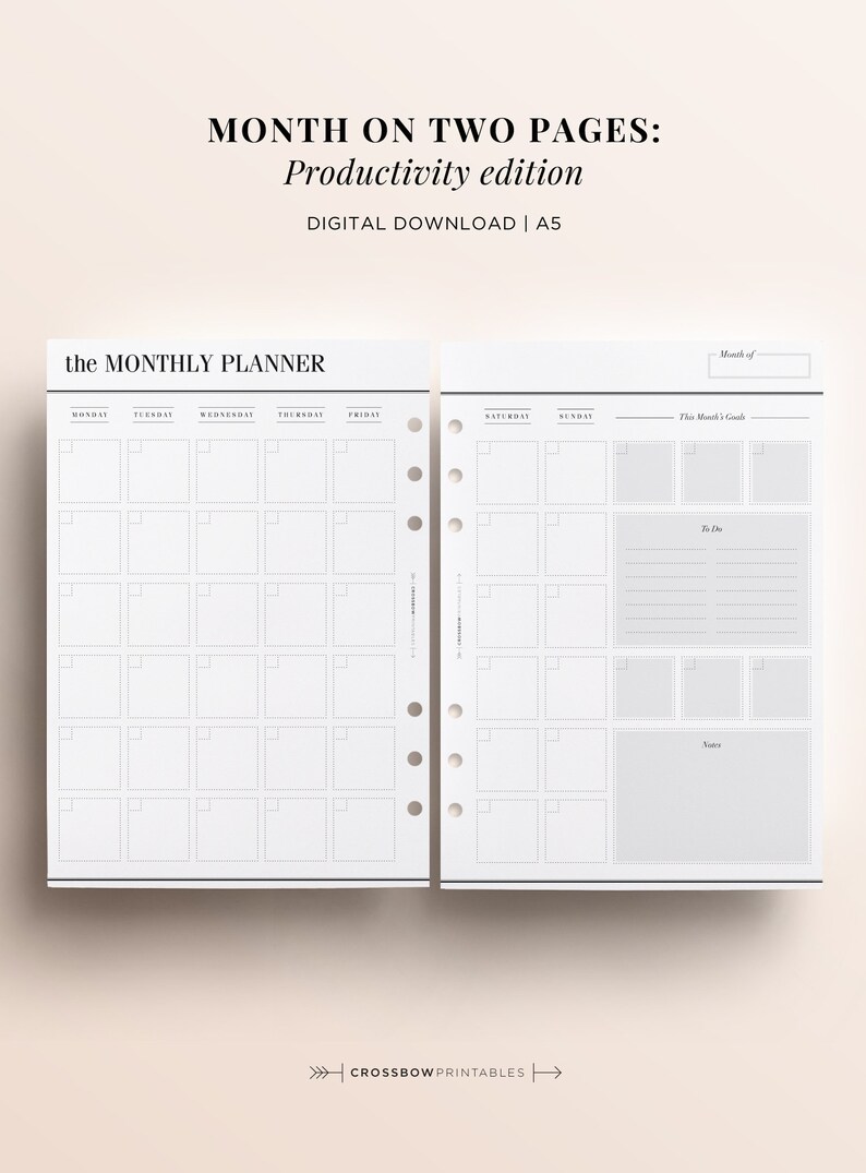 PRINTABLE A5 Monthly Planner Printable Month on Two Pages | Etsy