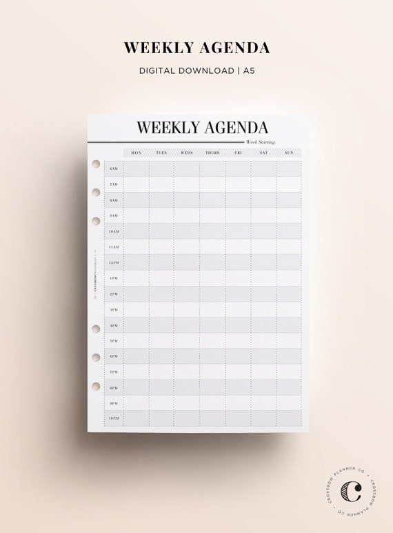 PRINTABLE A5 Weekly Agenda Printable Weekly Planner Hourly - Etsy