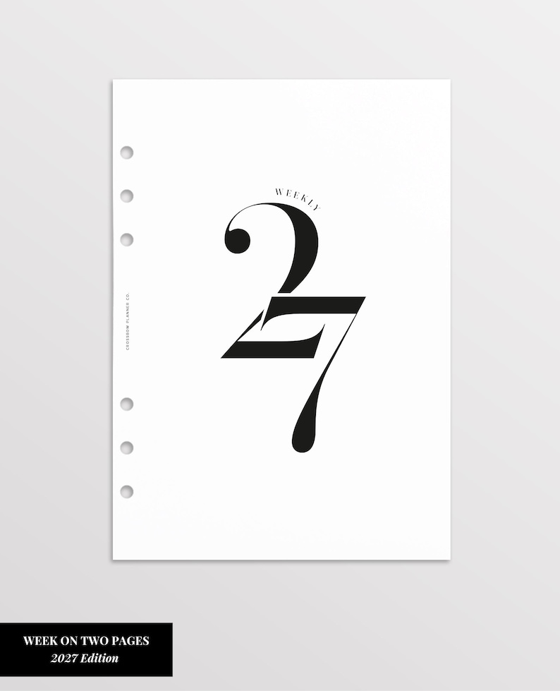May include: A white planner refill page with six punched holes on the left side. The center features the large black number 27 with the word WEEKLY arched above it. The text CROSSBOW PLANNER CO. is printed vertically along the left margin.
