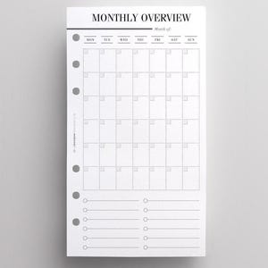 PRINTED Monthly Overview Inserts With List | Personal Month on One Page | Monthly Overview | Personal Planner Insert for Filofax & LV Agenda