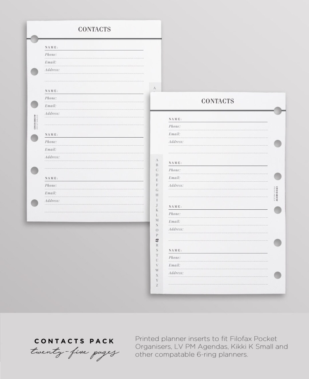Printed Personal size Contacts & Address planner inserts | 10 double sided  pages | for medium Kikki K or Filofax | planner refill MM agenda