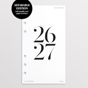 May include: A white planner insert featuring the numbers "26 to 27" in a stylish, bold font. The insert also includes the text "SEPARABLE EDITION" and "MONTHLY SEPARABLE". It has pre-punched holes for ring binders, a common feature in the UK.