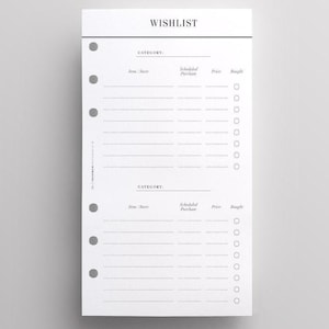 GEDRUKT Verlanglijstplanner inlegvellen persoonlijke maat | Minimale plannerinzetstukken voor LV MM Agenda, Filofax Personal, Kikki K Medium