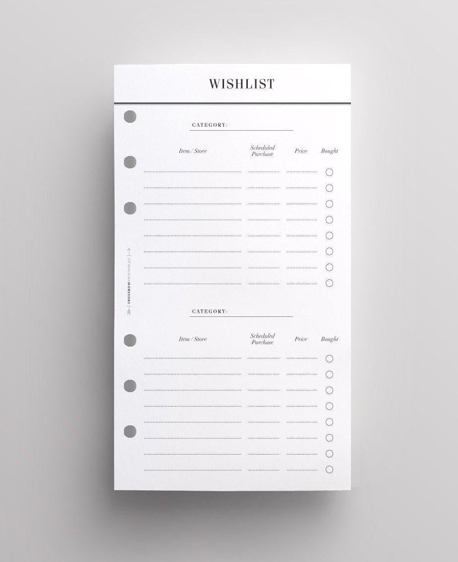 PRINTED Wishlist Planner Inserts Personal Size | Minimal Planner Inserts for LV MM Agenda, Filofax Personal, Kikki K Medium