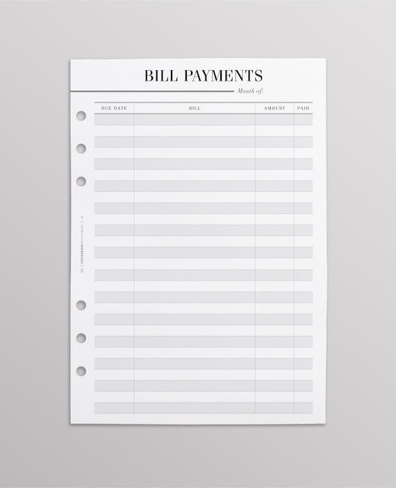 PRINTED Bill Pay A5 Planner Inserts | A5 Filofax Inserts | Budget Planner Kikki K Large Inserts | Financial Planner A5 | Crossbow Planner Co
