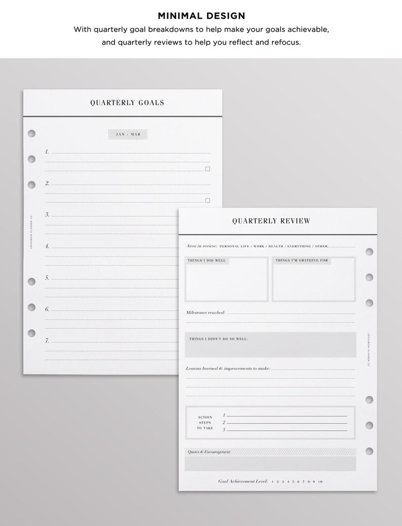 Paquete de planificadores de objetivos impresos / Insertos para planificador A5 impresos / Recambios minimalistas para planificador de objetivos / Insertos grandes para Filofax y Kikki K para planificación de objetivos imagen 2