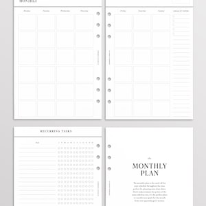 May include: A set of white planner inserts featuring a monthly calendar layout with dotted grid boxes, a recurring tasks page with checkboxes for each month, and a title page labeled The Monthly Plan with black text on white paper.