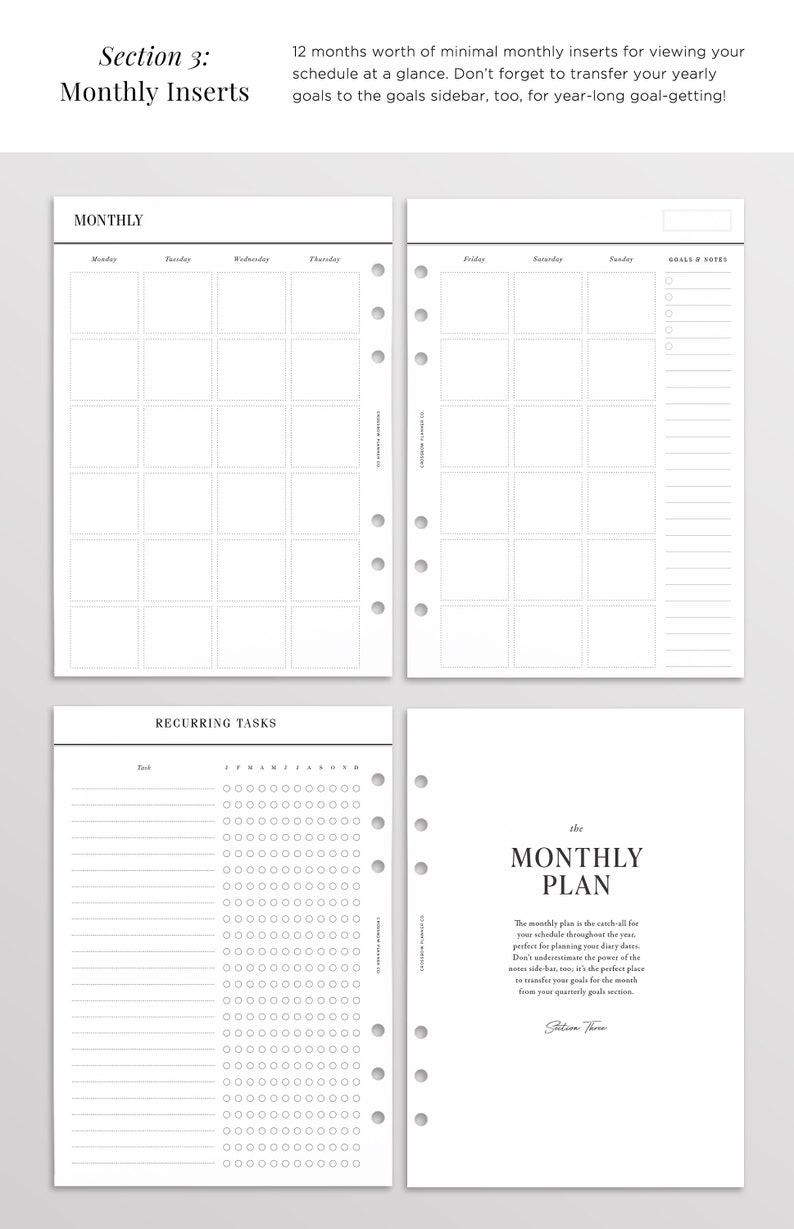 May include: A set of white planner inserts featuring a monthly calendar layout with dotted grid boxes, a recurring tasks page with checkboxes for each month, and a title page labeled The Monthly Plan with black text on white paper.