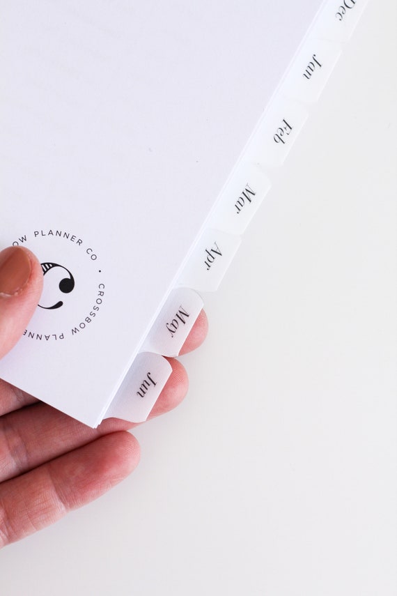 Monthly Tab Stickers Planner Dividers | For 6-Ring Planners, Undated Planners, Hobonichi Weeks, Pocket | Minimal Clear Month Tabs