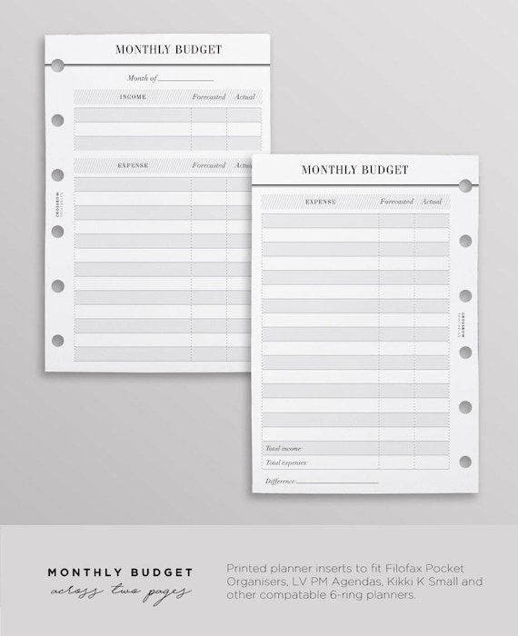 PRINTED Budget Planner Inserts Pocket Size, Monthly Budget On Two Pages, Finance Planner, Printed Pocket Ring Insert, Minimal Planner Insert