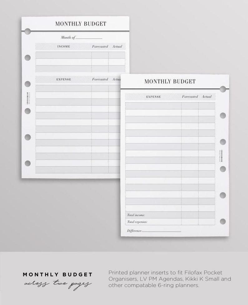 PRINTED Budget Planner Inserts Pocket Size, Monthly Budget On Two Pages, Finance Planner, Printed Pocket Ring Insert, Minimal Planner Insert image 1