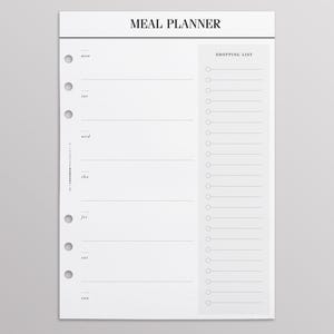 Peut inclure: Un planificateur de repas imprimable noir et blanc avec une section pour une liste de courses. Le planificateur comporte des espaces pour chaque jour de la semaine, du lundi au dimanche.