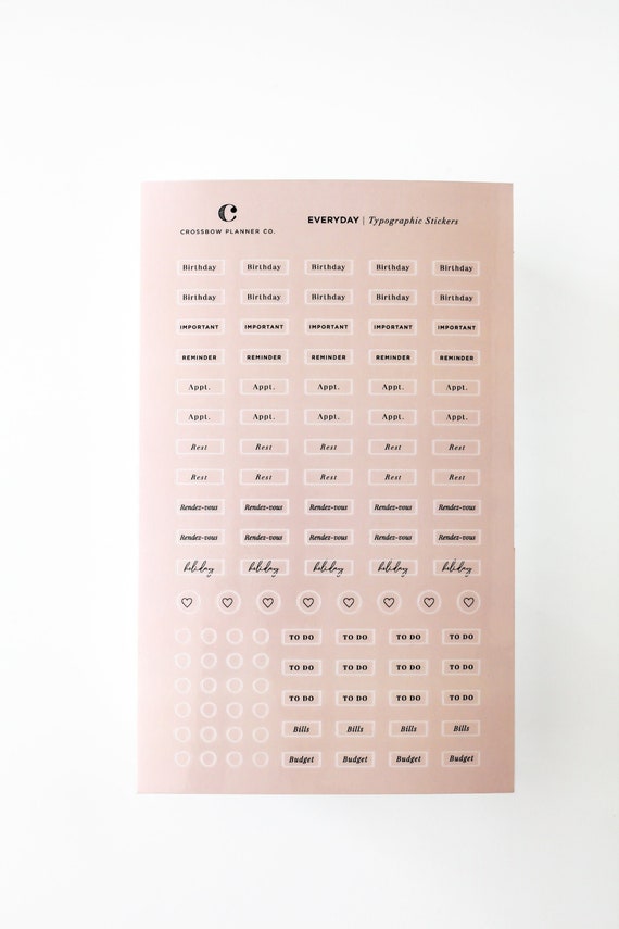 Everyday Typographic Planner Stickers | Clear Minimal Sticker Set | Mini Functional Word Sticker Sheet | To Dos, Bills, Transparent Dots