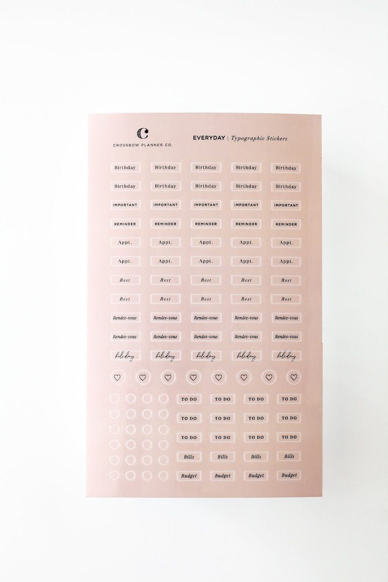 Everyday Typographic Planner Stickers | Clear Minimal Sticker Set | Mini Functional Word Sticker Sheet | To Dos, Bills, Transparent Dots image 1