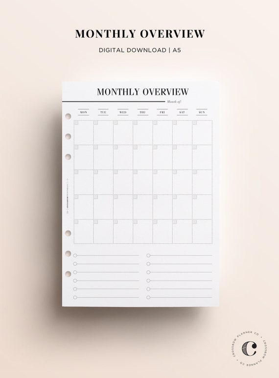 PRINTABLE A5 Monthly Overview Printable Month on a Page A5 - Etsy