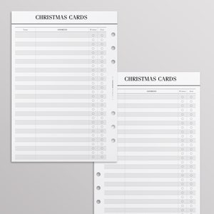 Op de afbeelding: Twee witte planner-inlegvellen voor een kerstkaarten-tracker. Elke pagina heeft de kop CHRISTMAS CARDS, kolommen voor Naam, Adres, Geschreven en Verzonden, met rijen selectievakjes voor het bijhouden. De linkerpagina heeft vijf gaten.