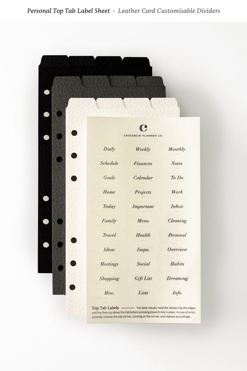 Divisori per agenda personalizzabili con linguetta superiore, cartoncino in pelle a 4 linguette / formato A5 o personale / oltre 30 etichette tra cui scegliere / linguette minimaliste per agenda immagine 10