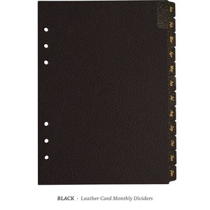 Leather Card Monthly Dividers A5 & Personal Size Black, Grey and Gold Foil Minimal Planner Dividers with Laminated Tabs Black