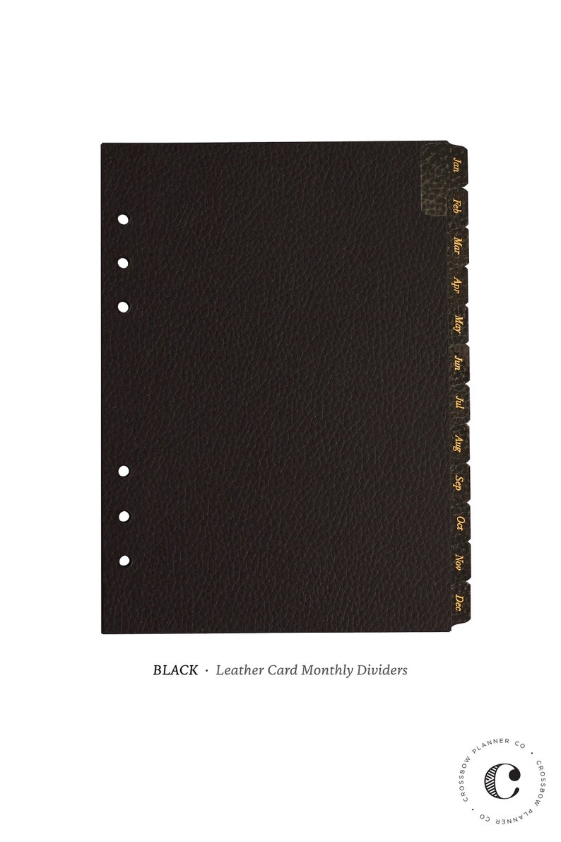 Leather Card Monthly Dividers A5 & Personal Size Black, Grey and Gold Foil Minimal Planner Dividers with Laminated Tabs Black