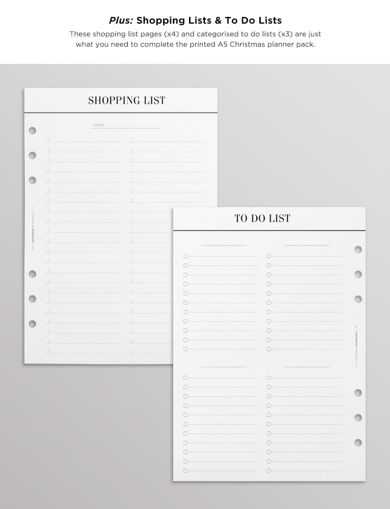 Op de afbeelding: Twee witte A5-plannerpagina's met zwarte tekst en lijnen. E&eacute;n pagina is getiteld SHOPPING LIST met twee kolommen met selectievakjes en lijnen. De andere pagina is getiteld TO DO LIST met vier secties met lijnen en ronde selectievakjes.