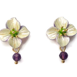 Lily Art Earrings - Tiny White Blossom Post Nature Jewelry - Quality Handmade Gift - Small Hand Painted Flowers w/ Amethyst Crystal Drop