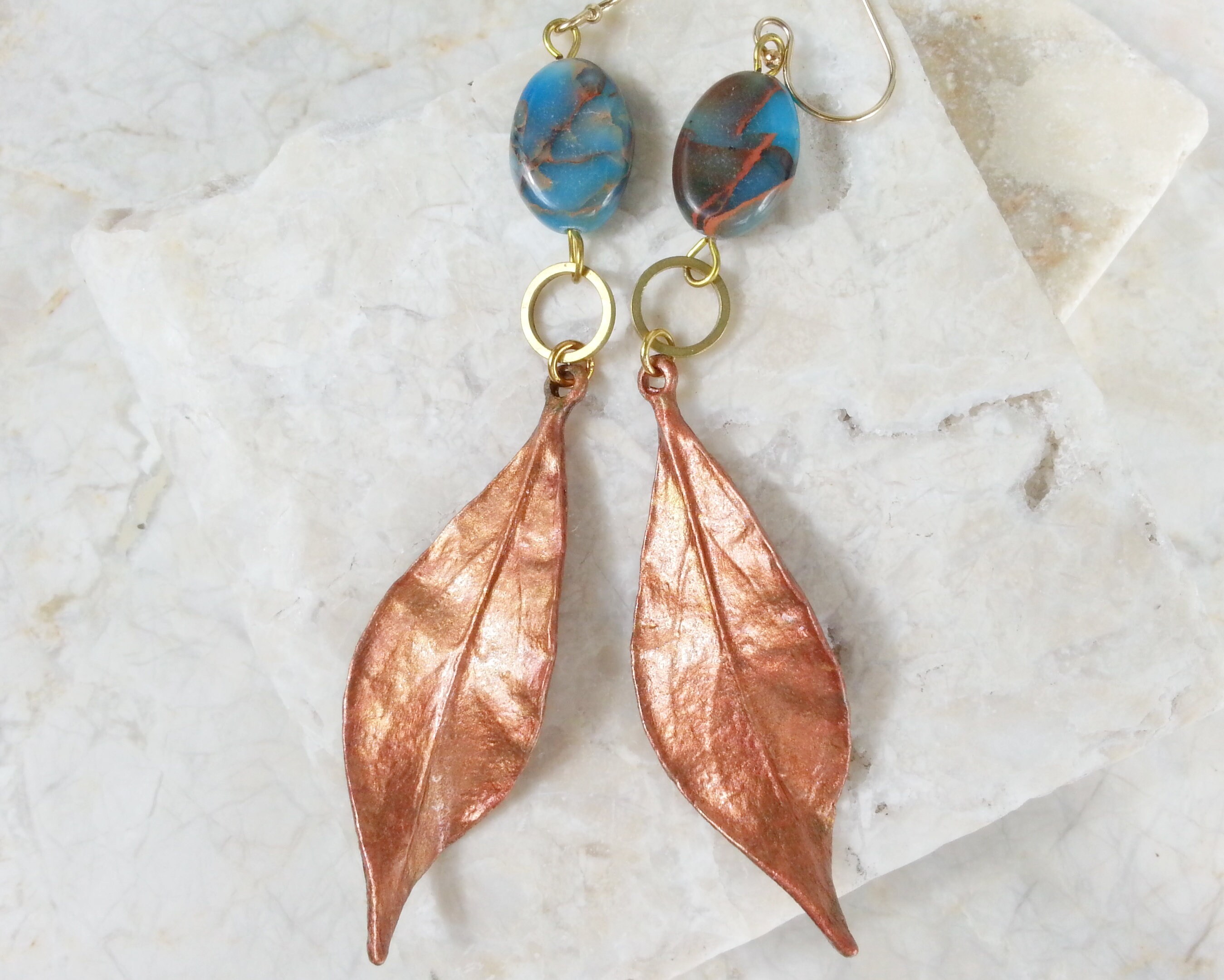 Copper Leaf Earrings Hand Painted Copper Leaves w/ Blue Etsy