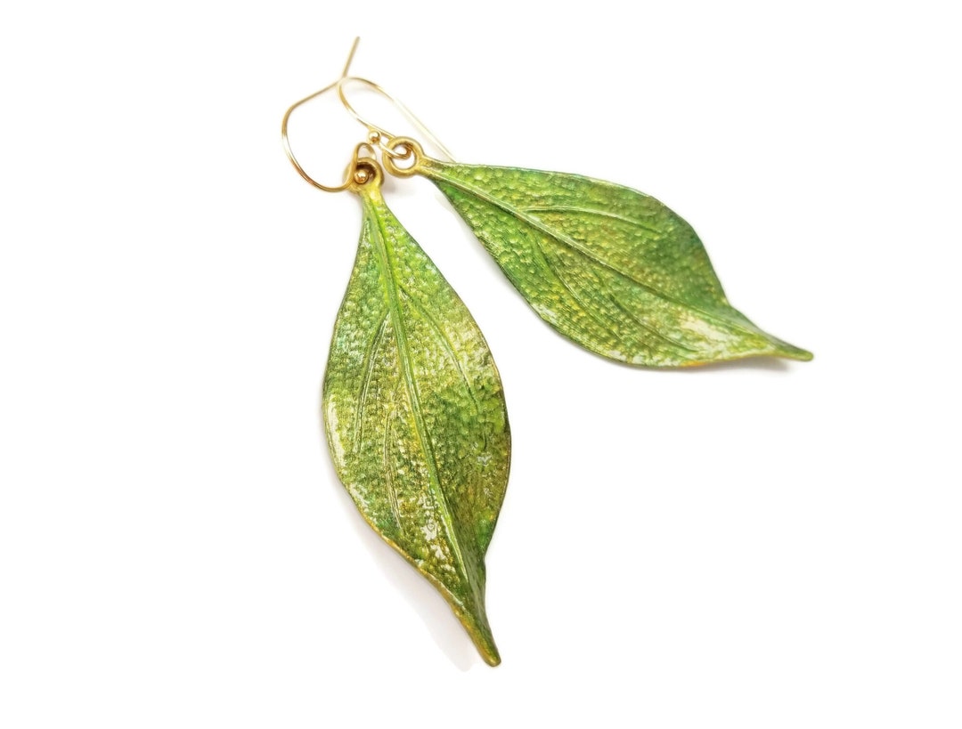 Green Leaf Earrings W/ Gold Filled Ear Wires Gold Green Earrings Boho