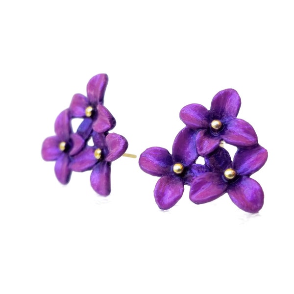 Flower Art Jewelry, Violets - Hand Painted Purple Studs Quality Handmade Gift - African Violet Purple Small Pretty Flowers on Post Earrings