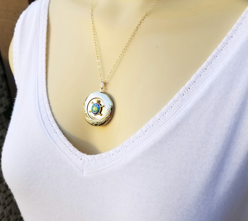 Personalized Keepsake Gold Filled Clasp 18 or 24 Hand Painted Turtle Art Necklace Blue Green Turtle Locket Necklace Nature Jewelry
