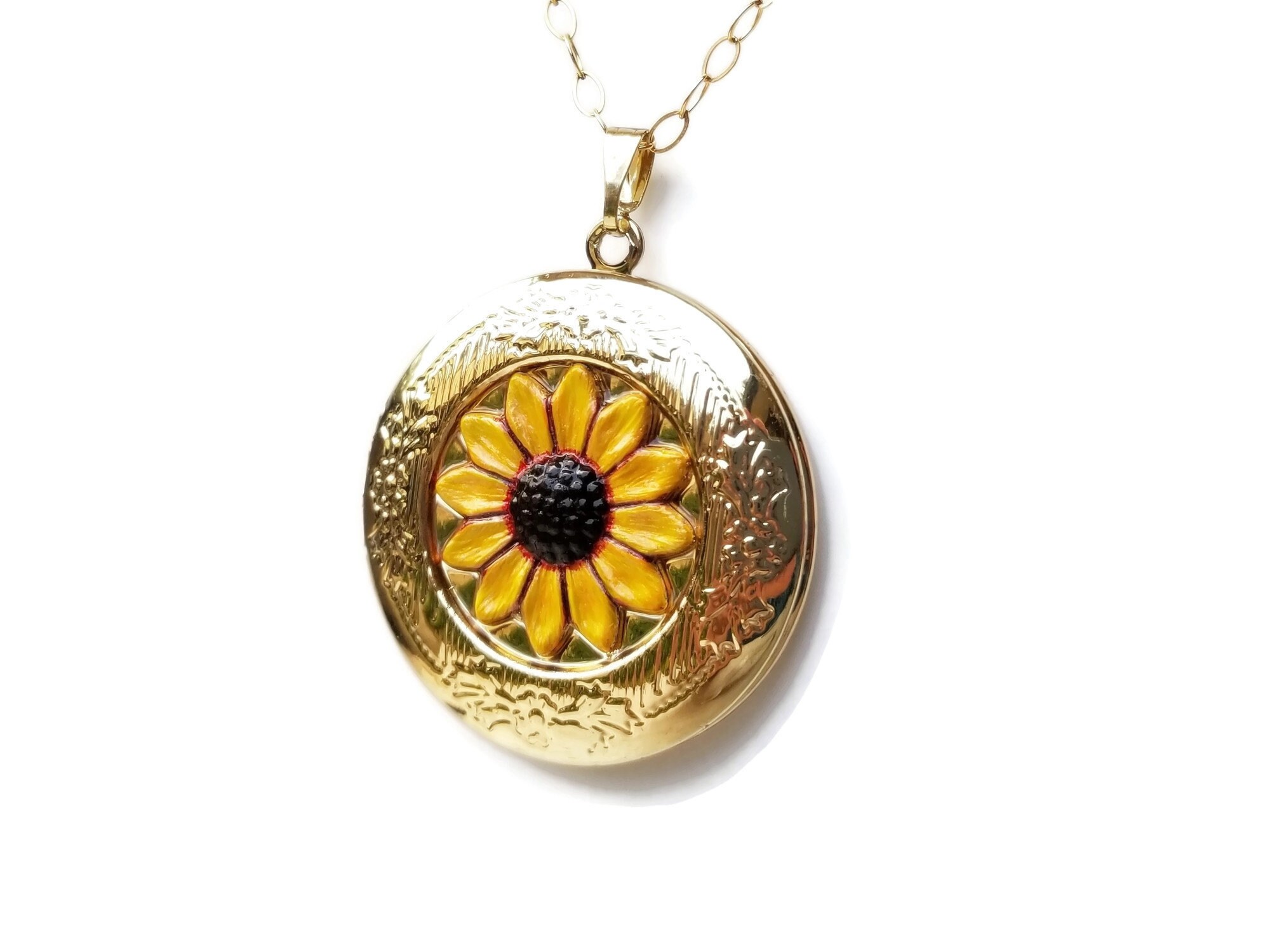 Sunflower Locket Pendant Nature Necklace Personalized Etsy UK