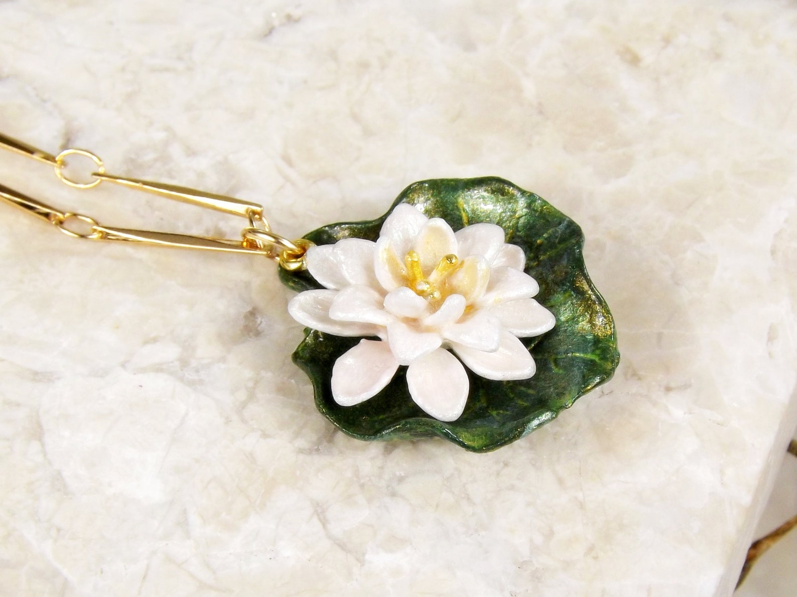 White Lotus Flower Lily Pad Necklace Quality Handmade Gift Etsy